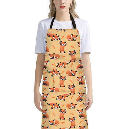 Cute Red Panda And Bamboo Pattern Print Bib Apron With Pocket
