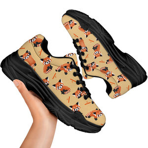 Cute Red Panda And Bamboo Pattern Print Black Chunky Shoes