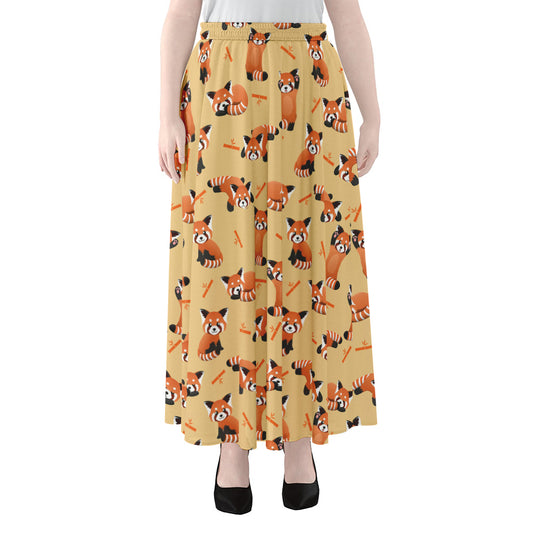 Cute Red Panda And Bamboo Pattern Print Chiffon Maxi Skirt