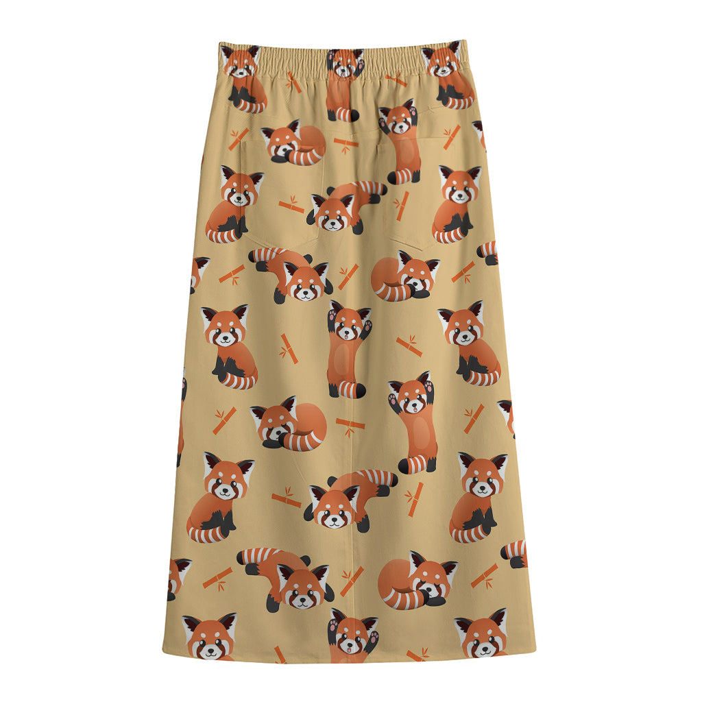 Cute Red Panda And Bamboo Pattern Print Cotton Front Slit Maxi Skirt