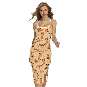 Cute Red Panda And Bamboo Pattern Print Cross Back Cami Dress