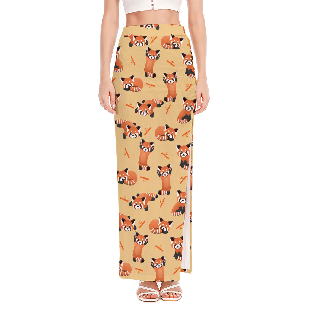 Cute Red Panda And Bamboo Pattern Print High Slit Maxi Skirt