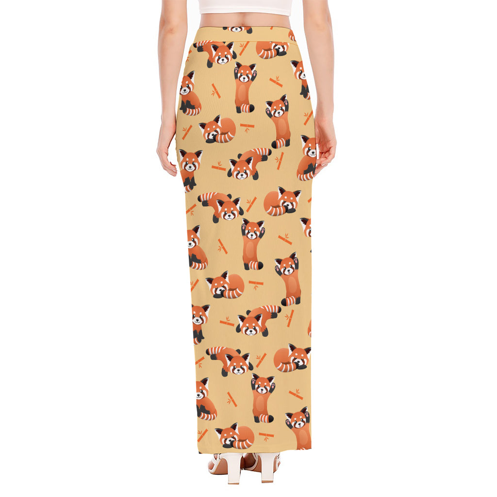 Cute Red Panda And Bamboo Pattern Print High Slit Maxi Skirt