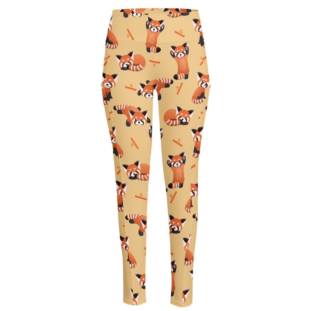 Cute Red Panda And Bamboo Pattern Print High-Waisted Pocket Leggings