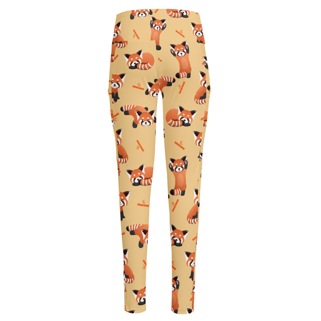 Cute Red Panda And Bamboo Pattern Print High-Waisted Pocket Leggings