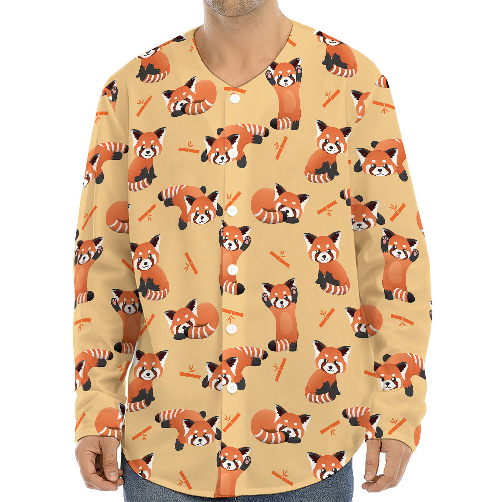 Cute Red Panda And Bamboo Pattern Print Long Sleeve Baseball Jersey