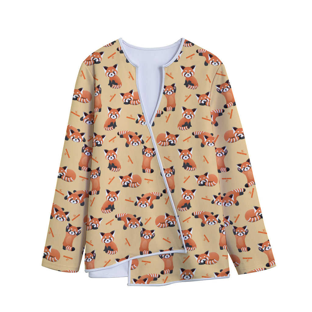 Cute Red Panda And Bamboo Pattern Print Long Sleeve Short Coat