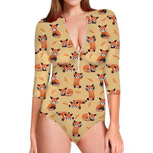 Cute Red Panda And Bamboo Pattern Print Long Sleeve Swimsuit