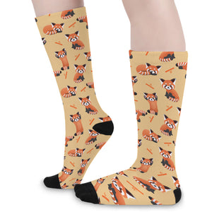 Cute Red Panda And Bamboo Pattern Print Long Socks