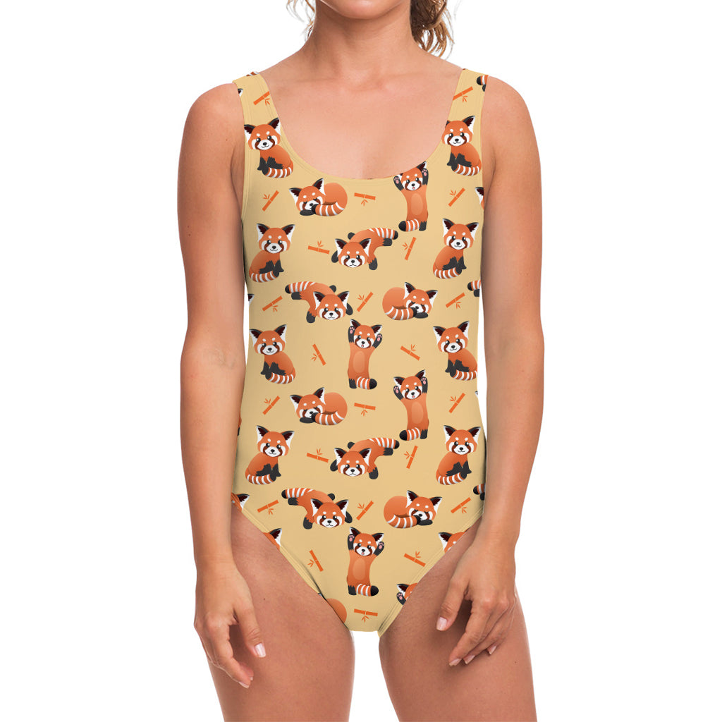 Cute Red Panda And Bamboo Pattern Print One Piece Swimsuit