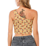 Cute Red Panda And Bamboo Pattern Print One Shoulder Crop Top