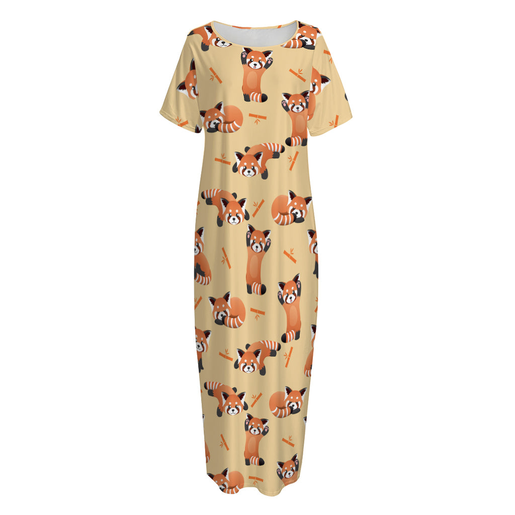Cute Red Panda And Bamboo Pattern Print Short Sleeve Long Nightdress