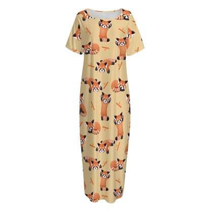 Cute Red Panda And Bamboo Pattern Print Short Sleeve Long Nightdress