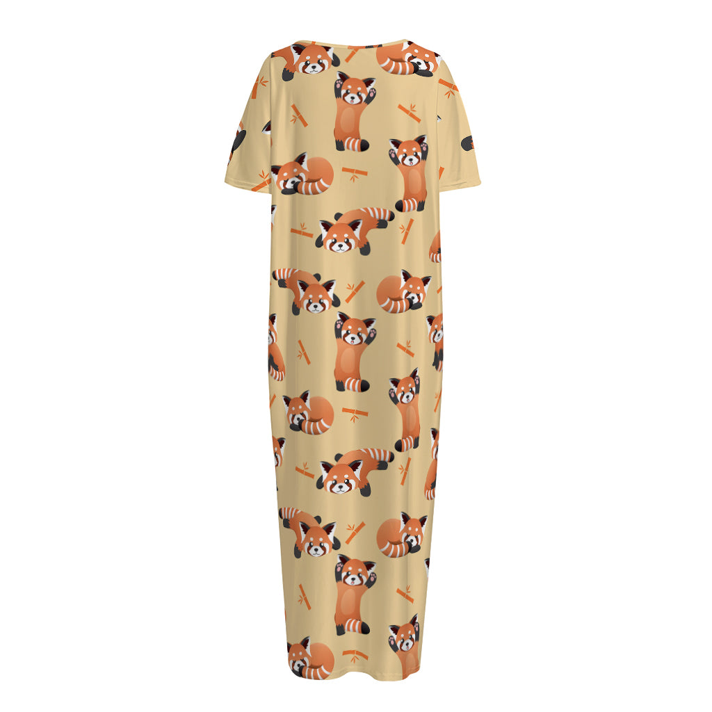 Cute Red Panda And Bamboo Pattern Print Short Sleeve Long Nightdress