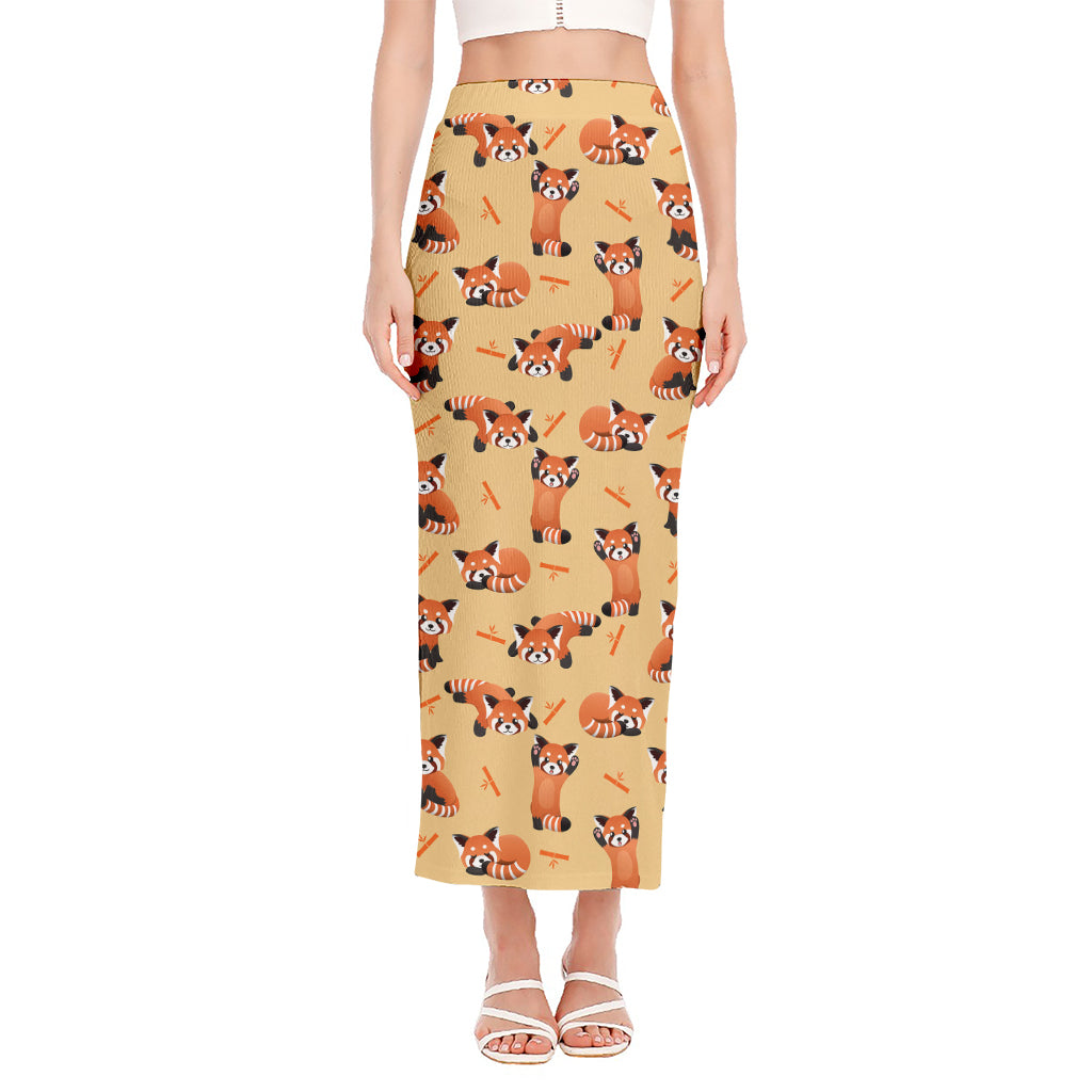 Cute Red Panda And Bamboo Pattern Print Side Slit Maxi Skirt