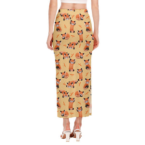 Cute Red Panda And Bamboo Pattern Print Side Slit Maxi Skirt