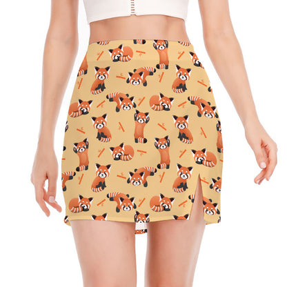 Cute Red Panda And Bamboo Pattern Print Side Slit Mini Skirt
