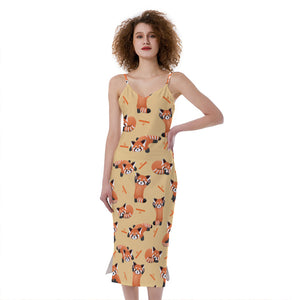 Cute Red Panda And Bamboo Pattern Print Slim Fit Midi Cami Dress