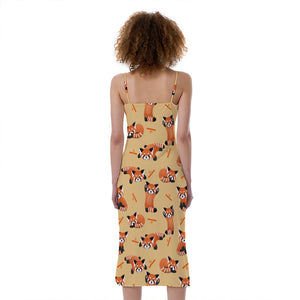 Cute Red Panda And Bamboo Pattern Print Slim Fit Midi Cami Dress