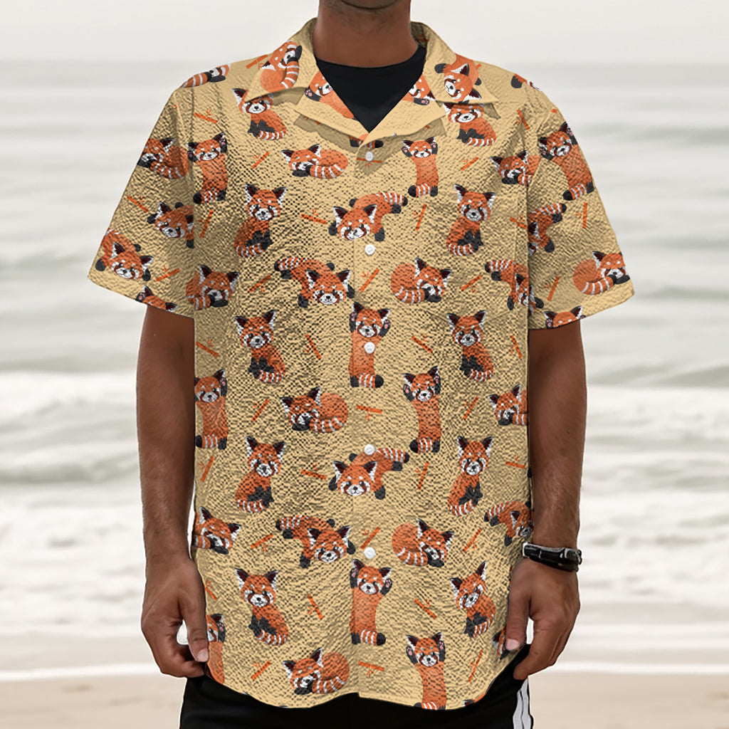 Cute Red Panda And Bamboo Pattern Print Textured Short Sleeve Shirt