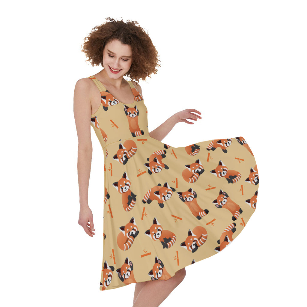 Cute Red Panda And Bamboo Pattern Print Women's Sleeveless Dress