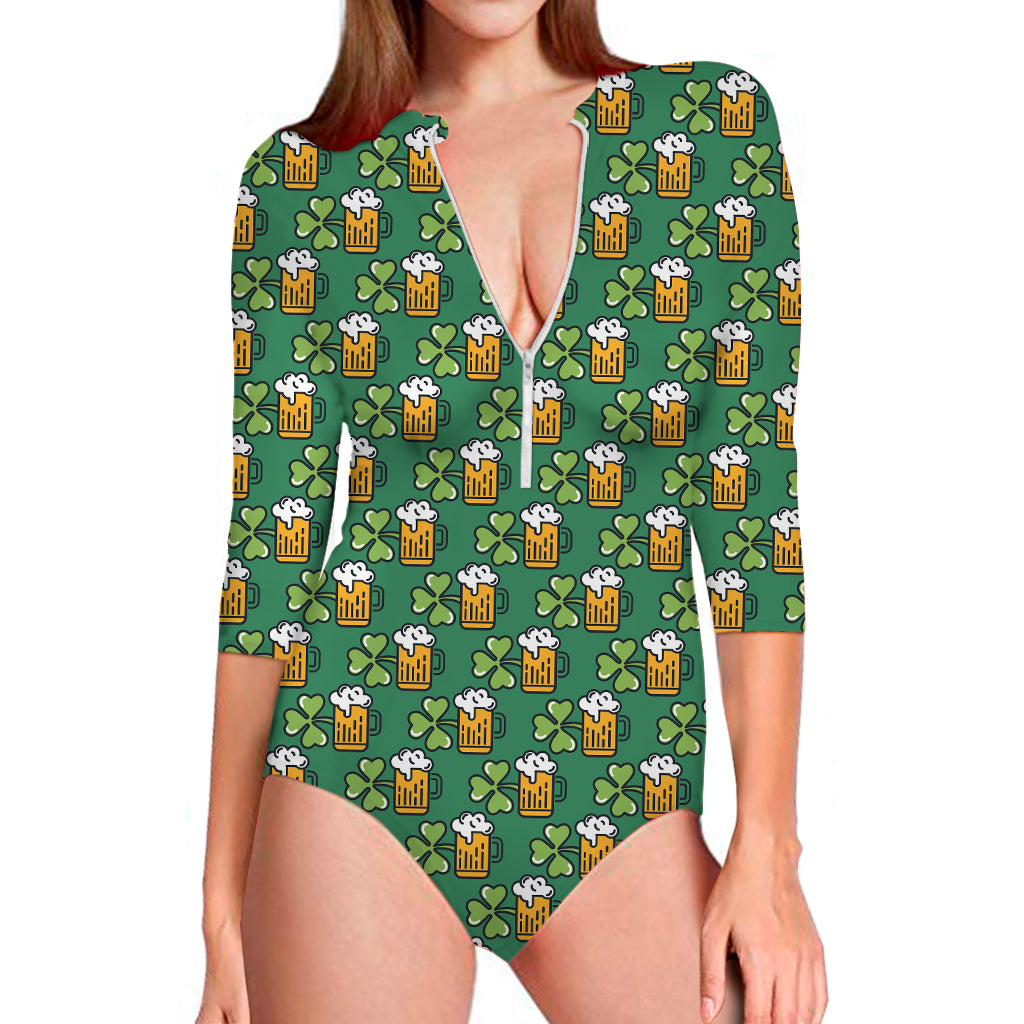 Cute Saint Patrick's Day Pattern Print Long Sleeve Swimsuit