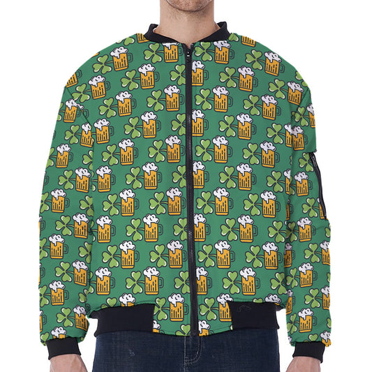 Cute Saint Patrick's Day Pattern Print Zip Sleeve Bomber Jacket