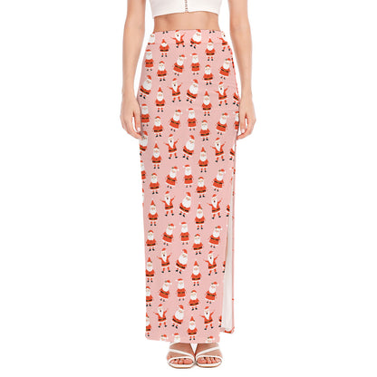 Cute Santa Claus Pattern Print High Slit Maxi Skirt