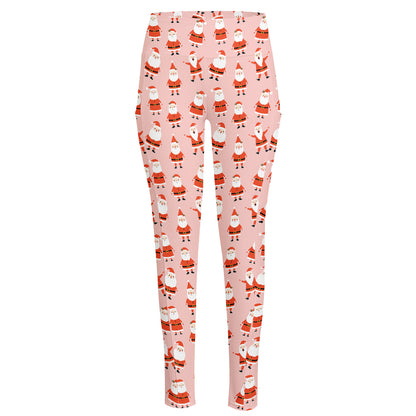 Cute Santa Claus Pattern Print High-Waisted Pocket Leggings