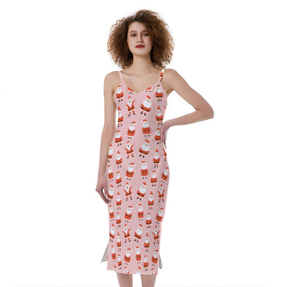 Cute Santa Claus Pattern Print Slim Fit Midi Cami Dress