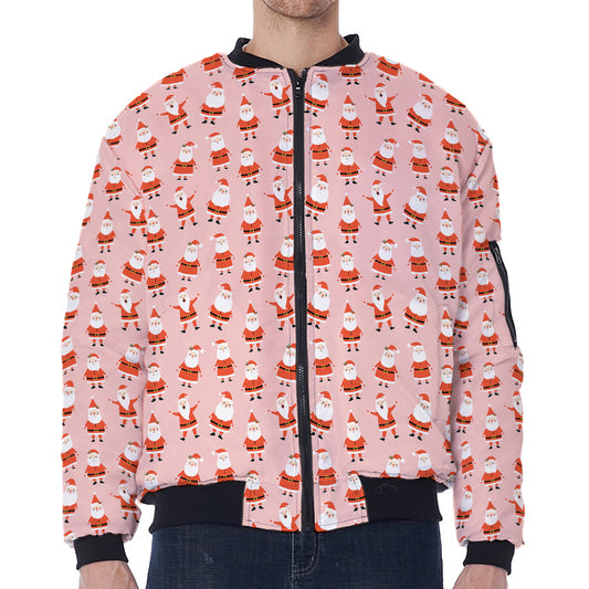 Cute Santa Claus Pattern Print Zip Sleeve Bomber Jacket
