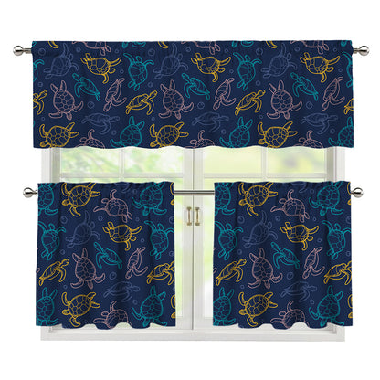 Cute Sea Turtle Pattern Print 3 Piece Kitchen Curtains