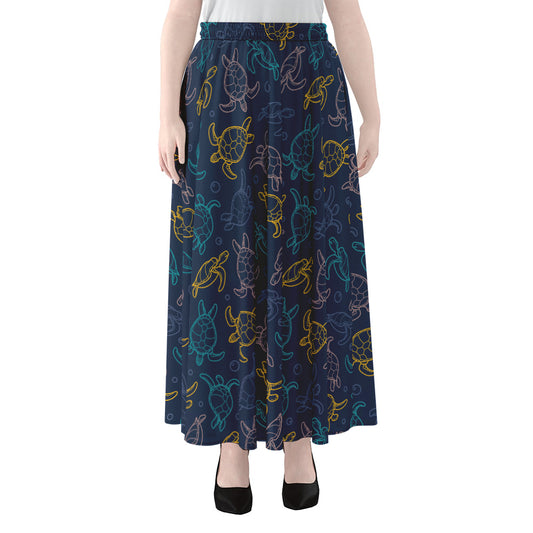 Cute Sea Turtle Pattern Print Chiffon Maxi Skirt