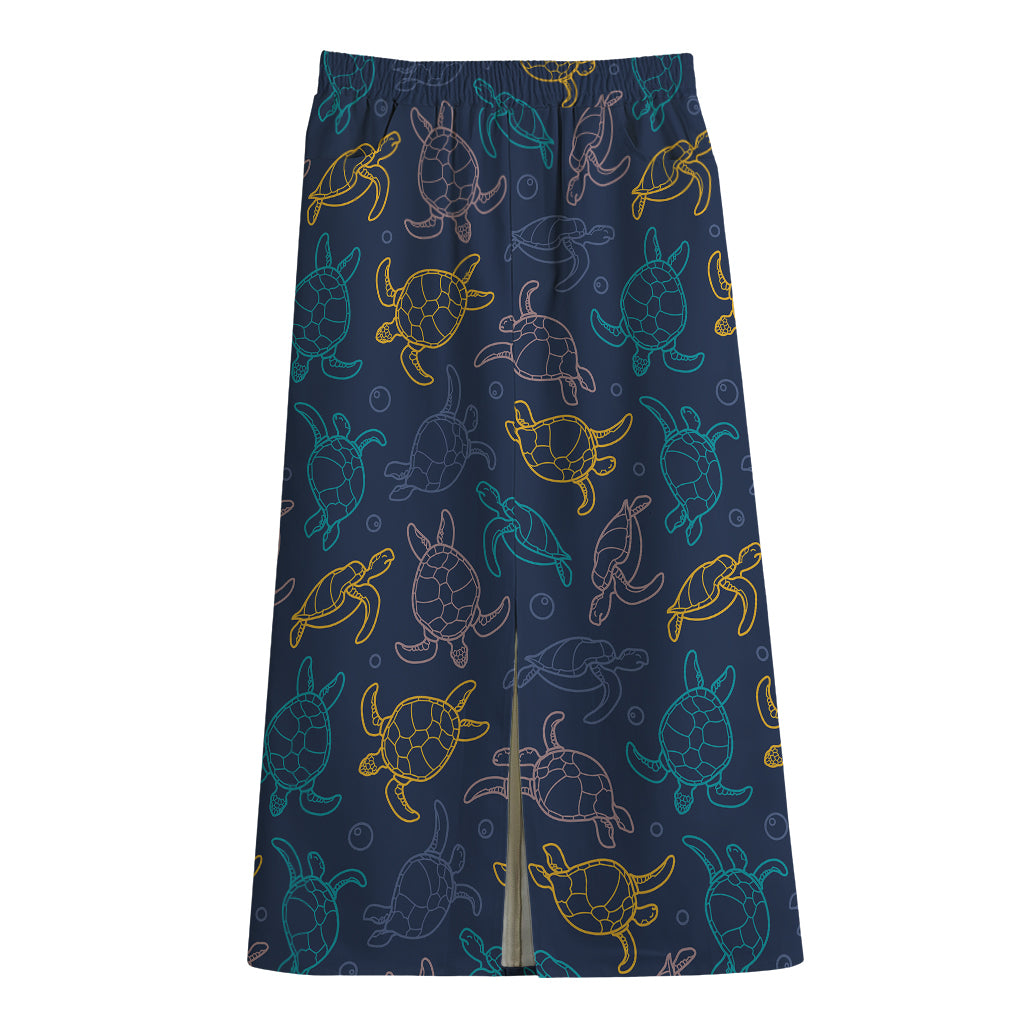 Cute Sea Turtle Pattern Print Cotton Front Slit Maxi Skirt