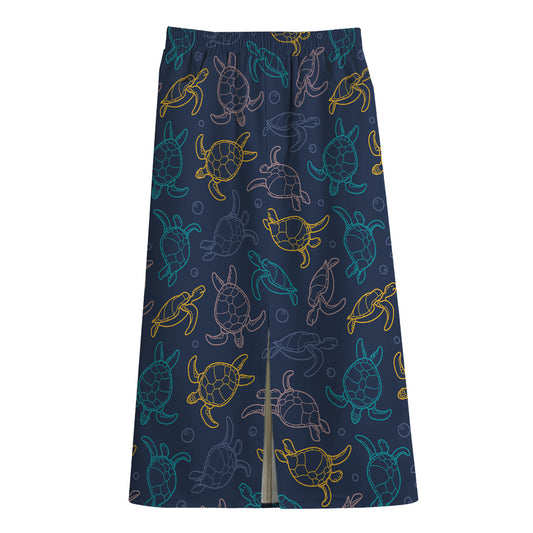Cute Sea Turtle Pattern Print Cotton Front Slit Maxi Skirt