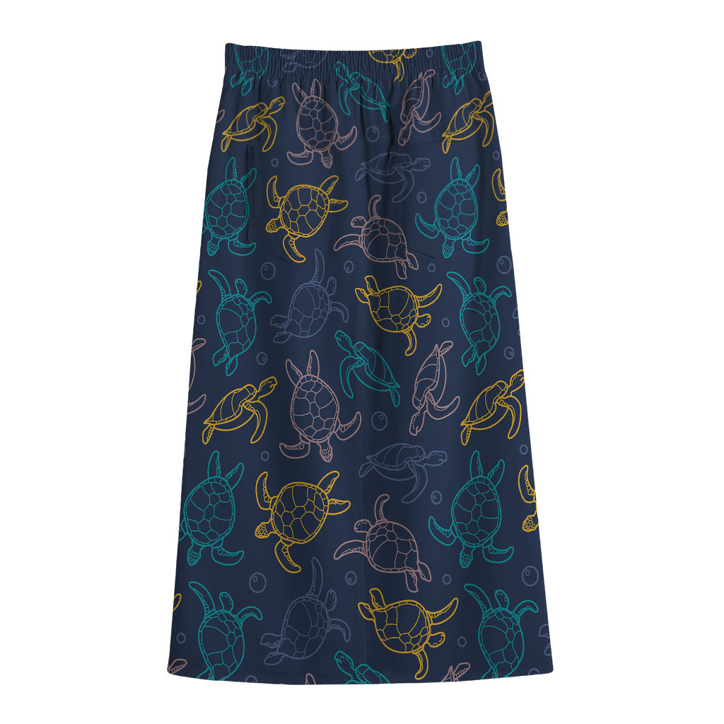 Cute Sea Turtle Pattern Print Cotton Front Slit Maxi Skirt