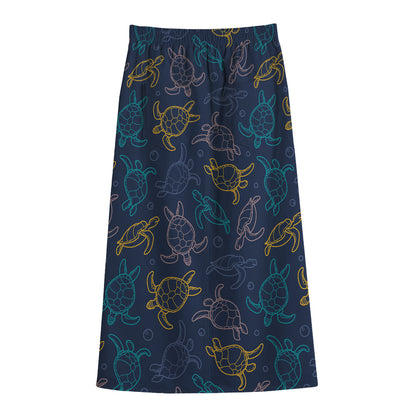 Cute Sea Turtle Pattern Print Cotton Front Slit Maxi Skirt