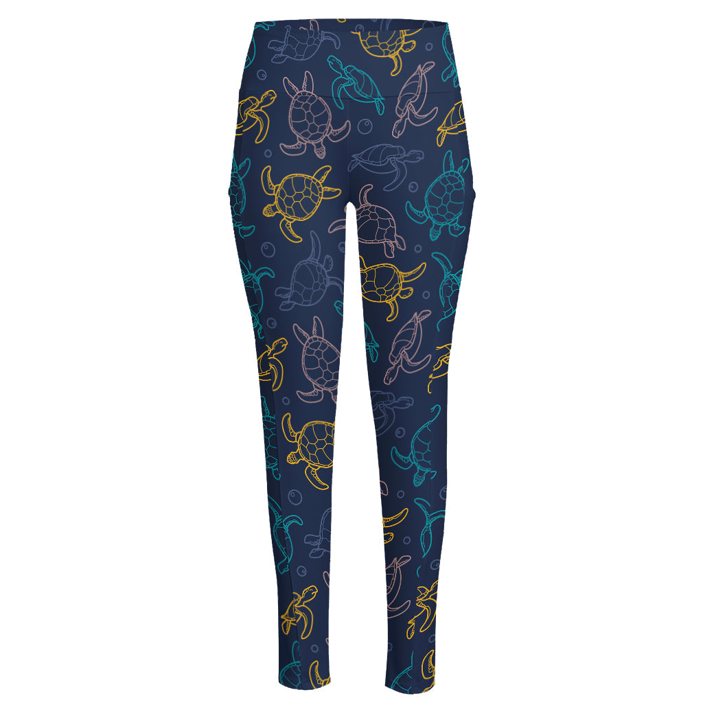 Cute Sea Turtle Pattern Print High-Waisted Pocket Leggings