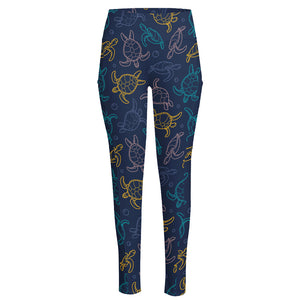 Cute Sea Turtle Pattern Print High-Waisted Pocket Leggings