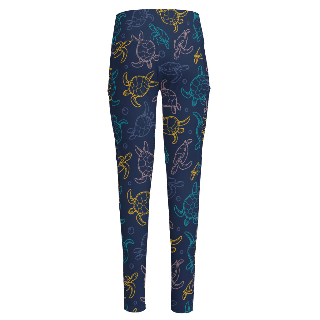 Cute Sea Turtle Pattern Print High-Waisted Pocket Leggings