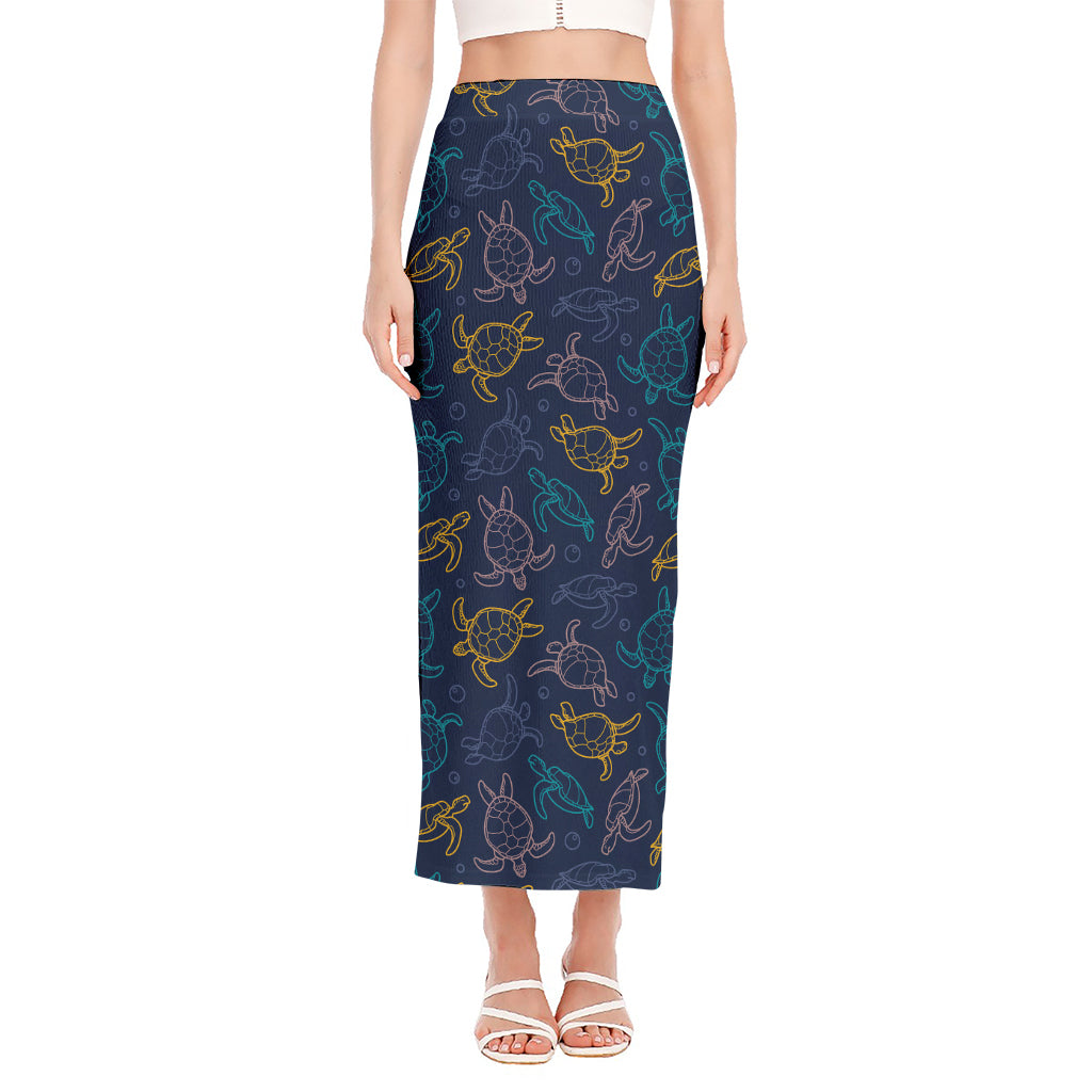 Cute Sea Turtle Pattern Print Side Slit Maxi Skirt