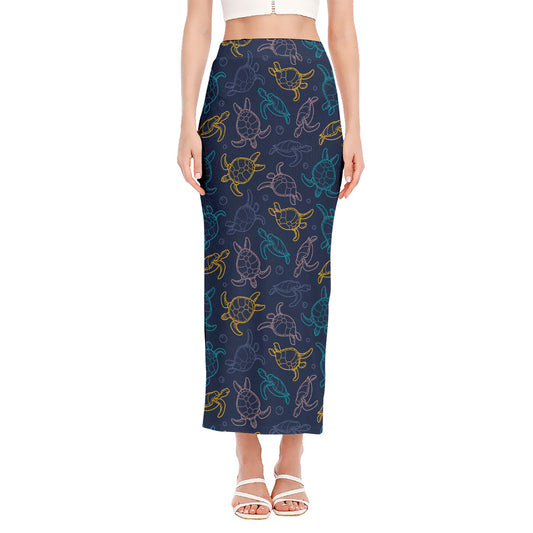 Cute Sea Turtle Pattern Print Side Slit Maxi Skirt