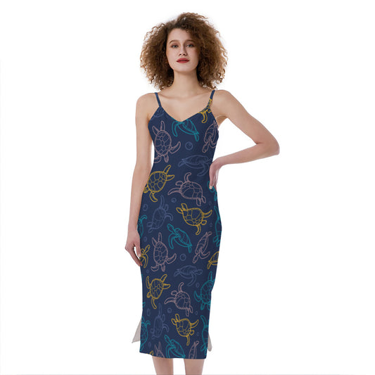 Cute Sea Turtle Pattern Print Slim Fit Midi Cami Dress