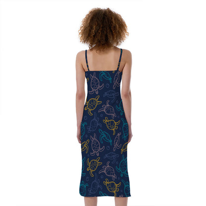 Cute Sea Turtle Pattern Print Slim Fit Midi Cami Dress