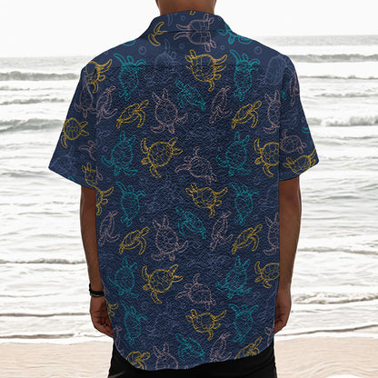 Cute Sea Turtle Pattern Print Textured Short Sleeve Shirt