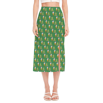 Cute Shamrock Saint Patrick's Day Print Side Slit Midi Skirt