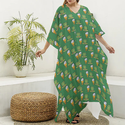 Cute Shamrock Saint Patrick's Day Print Silk V-Neck Kaftan Dress