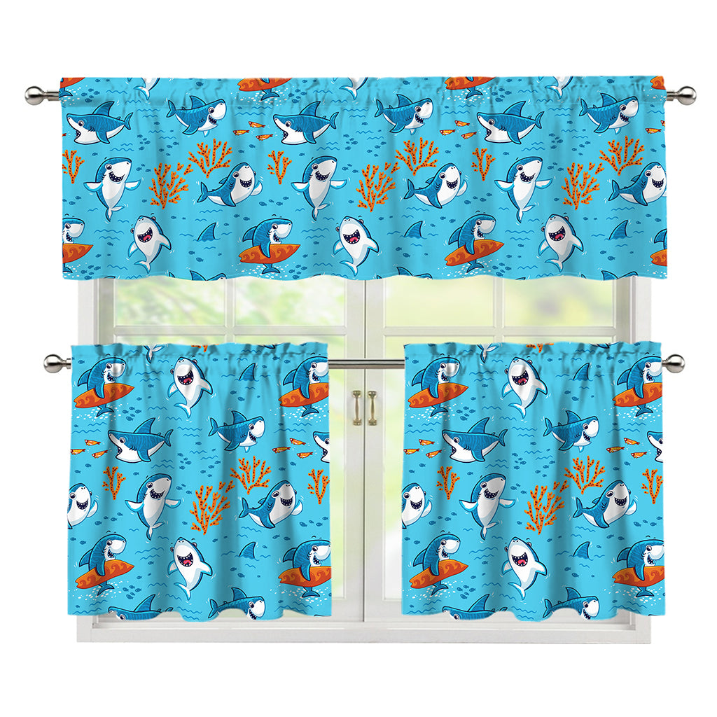 Cute Shark Pattern Print 3 Piece Kitchen Curtains