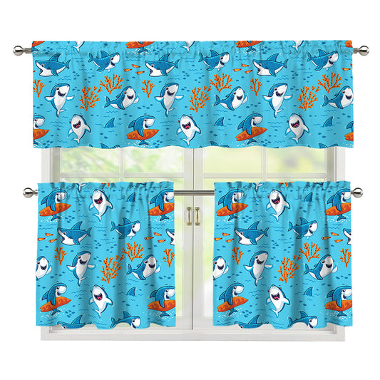 Cute Shark Pattern Print 3 Piece Kitchen Curtains