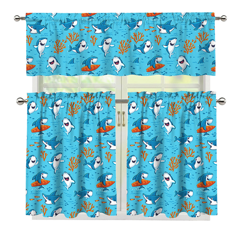 Cute Shark Pattern Print 3 Piece Kitchen Curtains